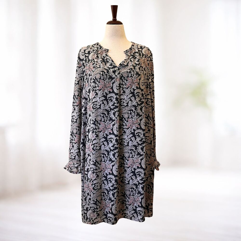 LOFT Paisley Floral Dress XL Gray Boho Lagenlook Office Party Peasant Casual